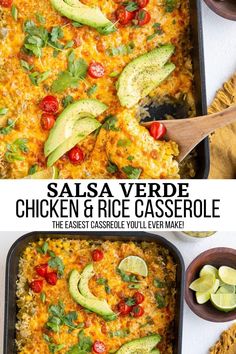 salsa verde chicken and rice casserole with avocado