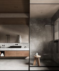 a bathroom with a sink, mirror and shower stall in the middle of it's walls