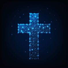 a cross made up of glowing stars on a dark background with blue lights in the middle