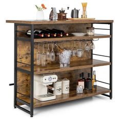 a wooden shelf with wine glasses and bottles on it, next to an espresso machine