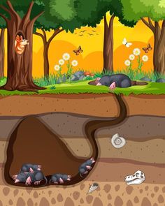 a cartoon scene with dead animals in the middle of the ground and an open pit