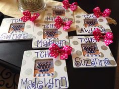 there are four pictures with pink bows on them and the name madelyn is spelled in blue