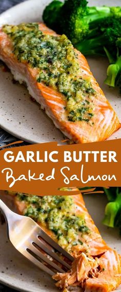 garlic butter baked salmon on a plate with broccoli