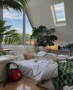 a bedroom with large windows and lots of plants