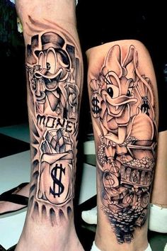 two people with tattoos on their legs, one has a clock and the other has money