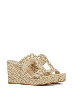 Chic Slip-on Wedge Sandals With Woven Sole, Elegant Natural Platform Heels, Elegant Natural Color Platform Heels, Elegant Straw Platform Wedge Sandals, Elegant Natural Color Platform Sandals, Gold Woven Leather Sandals For Summer, Luxury Synthetic Wedge Sandals For Summer, Beige Slip-on Wedge Sandals With Woven Sole, Luxury Wedge Heel Sandals For Beach