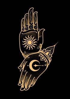 a gold and black drawing of a hand with the sun on it's palm