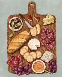 a wooden cutting board topped with different types of cheese and meats next to grapes