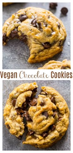 vegan chocolate chip cookies on a baking sheet with the title in the middle and bottom