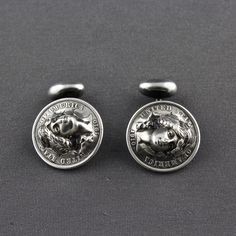 This is a stunning pair of Victorian repousse sterling silver 1910 Barber dime pop out coin Lady Liberty high relief solid back cufflinks. The shiny silver cufflinks are made from real 1910 silver dimes. The image of a lovely Miss Liberty is pushed or popped out from the back with a hub and die in the repousse method. The curved bar and oval solid back toggles are soldered onto the back of the coin. This type of cufflink made between 1890s-1910s is called a solid ball back. It has a solid, non m Vintage Silver Engraved Cufflinks, Vintage Silver Screw Back Cufflinks, Antique Silver Cufflinks For Formal Occasions, Vintage Silver Cufflinks For Business, Silver Antique Cufflinks For Anniversary, Classic Silver Engraved Cufflinks, Silver Round Hallmarked Cufflinks, Vintage White Gold Jewelry For Business, Silver Dimes