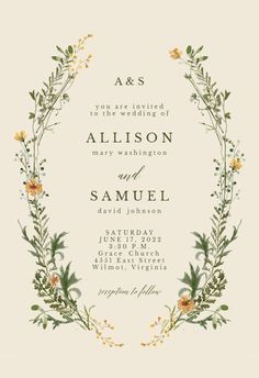 Green Wreath With Yellow Flowers - Wedding Invitation Template | Greetings Island Yellow Wedding Invitations, Green Invitations, Yellow Wedding Flowers, Digital Invitations Wedding, Greetings Island, Green Themed Wedding, Green Wedding Invitations, Flower Wedding Invitation, Green Wreath