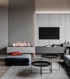 a modern living room with a fireplace in the center