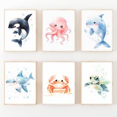 four watercolor paintings of different animals and sea creatures