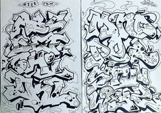 two pages with black and white graffiti on them