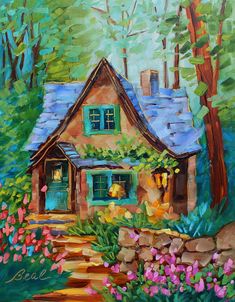 a painting of a house in the woods with trees and flowers on it's side