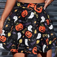 Length: 15.7 Inches Waist: 32.3 Hips: 59.1 Brand New Never Worn Or Washed, Perfect Condition, This Fabric Has No Stretch. It Does Feature A Side Hip Zipper Closure Black Skirt For Halloween Costume Party, Skater Skirt Black, Ghost Cat, Black Cats, Halloween Pumpkin, Skirt Black, Halloween Pumpkins, Orange Black, Skater Skirt