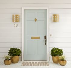 two potted plants sit in front of a blue door with numbers on the side