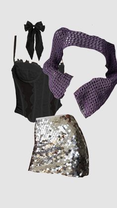 an assortment of sequins and accessories are displayed on a gray background, including a bra