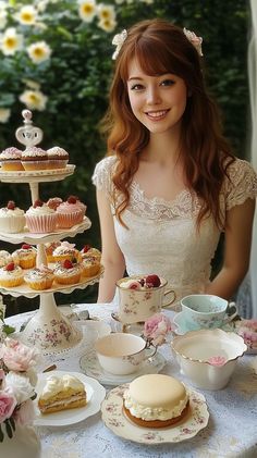 a woman sitting at a table with cupcakes and cakes