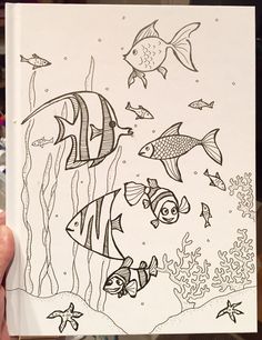 someone holding up a coloring book with fish on it