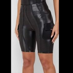 Maniere De Voir Faux Leather Biker Shorts Nwt Smooth Feel White Piping Design Cargo Pockets On Side Of Design Hidden Zipper Closure On Right Side 55% Polyester 45% Pu Leather Biker Shorts, Long Sleeve Corset Top, Piping Design, Black Bike, Biker Shirts, Beige Shorts, Biker Shorts, Bike Shorts, Leather And Lace