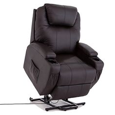 a black recliner chair sitting on top of a white floor