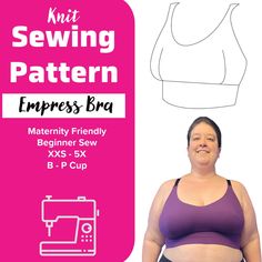 a woman wearing a purple bra top with the sewing pattern on it, and text that reads