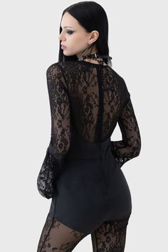 WISTFUL DESIRE JUMPSUIT.- Statement custom lace.- Long flared sleeves.- Lace up front.- Panel details.- Back zip closure. - Fitted.With KILLSTAR branding, Lace: 88% Polyamide 12%Elastane, Main Body: 60% Polyurethane 40%Polyester.Hand wash delicate 30°c / Do not bleach / Do not tumble dry / Do not iron / Do not dry clean. Imported. Thigh High Sock, Hat Patches, Stocking Tights, Belt Purse, Jewelry Pins, Scarf Jewelry, Body Jewellery, Pastel Goth, Flared Sleeves