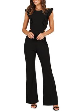 Flutter sleeves and flared legs define the silhouette of this solid jumpsuit finished with a back cutout for a peek of skin. Hidden side-zip closure; exposed back-zip closure Jewel neck Cap sleeves Unlined 100% polyester Hand wash, dry flat Imported Solid Evening Jumpsuits And Rompers With Ruffles, Chic Jumpsuit With Back Zipper For Night Out, Chic Flare Jumpsuits And Rompers For Spring, Chic Spring Flare Jumpsuits And Rompers, Chic Cutout Jumpsuits And Rompers For Party, Elegant Fitted Jumpsuits And Rompers With Cutout, Elegant Fitted Jumpsuit With Cutout Details, Elegant Fitted Jumpsuit With Cutout, Flare Leg Jumpsuit