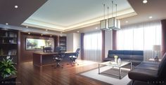 a living room filled with furniture and a large window next to a wooden floor covered in bookshelves