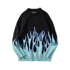 Blue Flame Fleece Sweater – limetliss Winter Streetwear Men, Flame Sweater, Harajuku Clothes, Couples Sweaters, Vintage Knitwear, Winter Streetwear, A$ap Rocky, Vintage Hip Hop, Trendy Streetwear