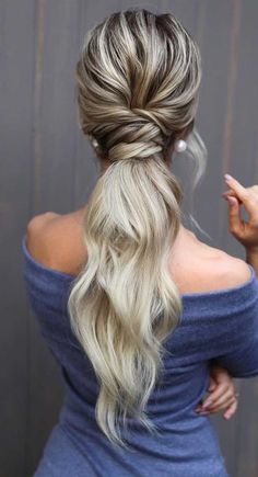 Ponytail Styles Bridesmaid, Long Pony Updo Wedding, Long Ponytail For Wedding, Bridesmaid Hairstyles French Braid, Low Ponytail Updo Wedding, Bride Hairstyles For Backless Dress, Bridesmaid Ponytail With Braid, Low Pony Tailed Hairstyle Prom, Long Hairstyles Wedding Bridesmaid