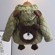 Outerwear Girls Toddler, 【12M-5Y】Unisex Casual Fleece Keep Warm Bear Embroidery Quilted Hooded Cotton Coat Bear Embroidery, Cotton Coat, Girls Toddler, Keep Warm, Toddler Girl, Embroidery