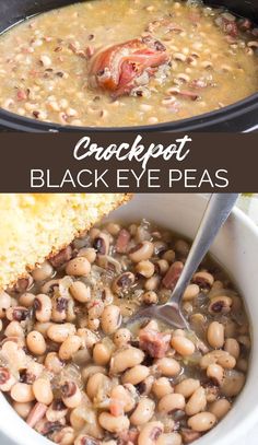 crockpot black eye pea soup in a white bowl with a spoon next to it