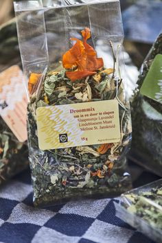 tea bags filled with green and orange flowers