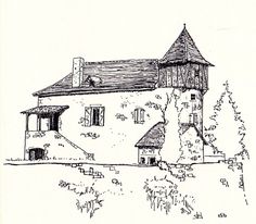 a drawing of a building with a tower