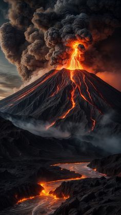 Huge volcano has woken up and released a huge cloud of lave and volcanic ash into the night starry sky Volcanic Eruption Landscape, Vulcano Che Erutta, Volcano Photography, Volcano Landscape, Ash Fire, Volcano Art, Night Starry Sky