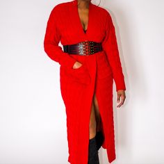 Available In Red Long Cardigan Long Sleeves Knit Pockets Oversize No Closure 100% Acrylic Belt Not Included Trendy Red V-neck Cardigan, Oversized Red Cardigan For Fall, Fall Oversized Red Cardigan, Red Winter Sweater For Loungewear, Chic Red V-neck Outerwear, Trendy Red Winter Cardigan, Chic Red Knit Cardigan, Red Open Front Sweater For Fall, Red Open Front Sweater For Winter