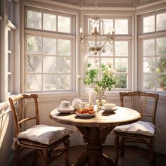 a dining room table with two chairs and a potted plant in the center surrounded by windows