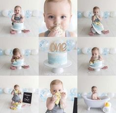 a collage of photos showing a baby eating cake