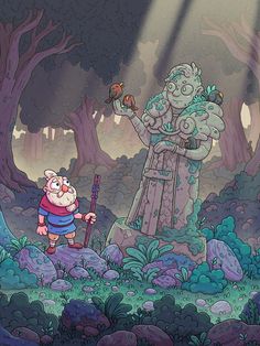 a cartoon character standing in the middle of a forest with an owl on his hand