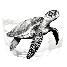 a black and white drawing of a sea turtle