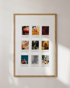 a white wall with multiple pictures hanging on it's side and a wooden frame