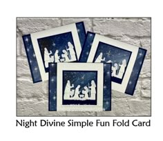 three christmas cards with the silhouettes of people and nativity on them, against a white brick wall