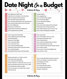 a printable date night on a budget checklist with hearts and arrows in the middle