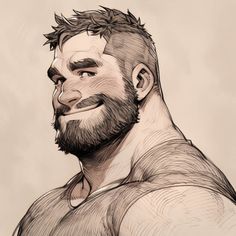 a drawing of a man with a beard and no shirt on, smiling at the camera