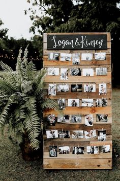 a wooden sign with photos hanging on it next to a potted plant and tree