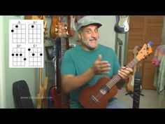 a man is playing an ukulele guitar in his room with other musical instruments