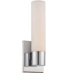 a chrome wall light with a white glass shade