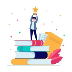 a man holding up a star above his head on top of a pile of books